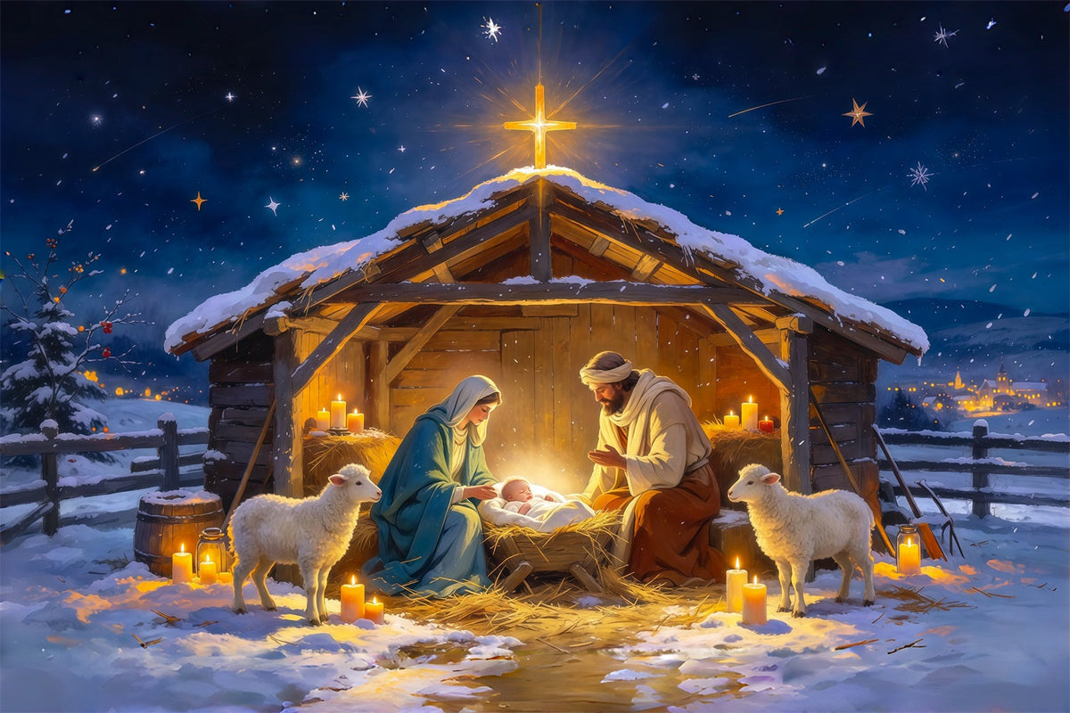 Nativity Scene Backdrop Starry Night Stable Gathering Christmas Photo Backdrops UK RR610-54