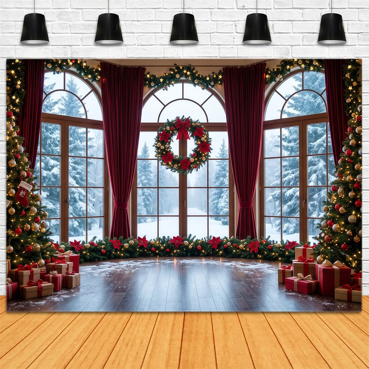 Christmas Backdrops Snowy Window Wreath Display Christmas Backdrop for Photos UK RR610-55