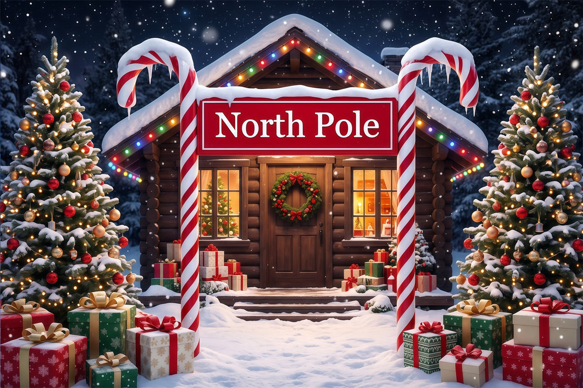 North Pole Photo Backdrop Candy Cane Snowy Cabin Professional Christmas Backdrop UK RR610-56