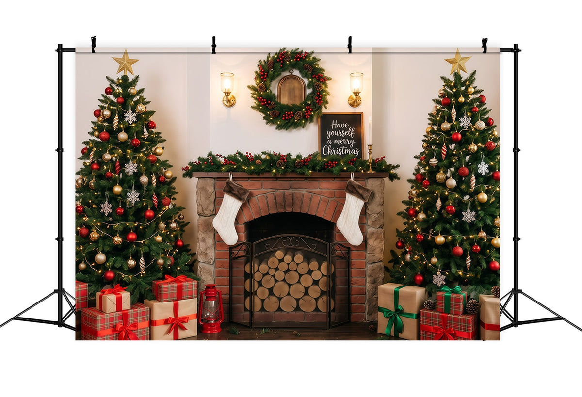 Christmas Backdrop For Photography Cozy Fireplace Tree Display Backdrops For Christmas UK RR610-6