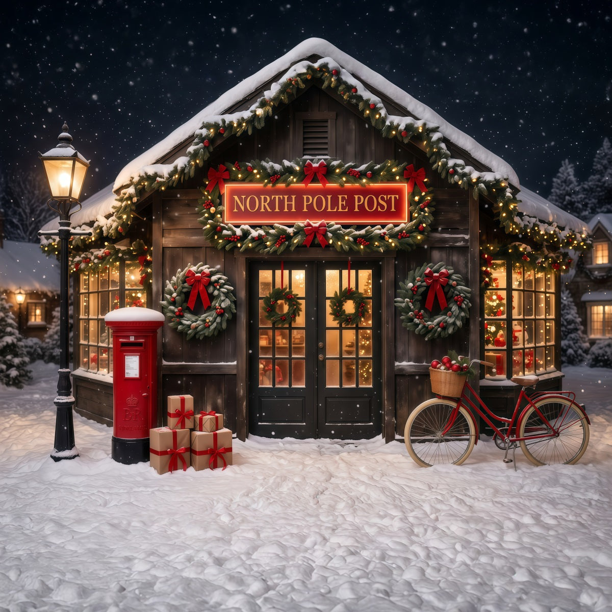 North Pole Photo Backdrop Snowy Post Office Christmas Photography Backdrops UK RR610-63