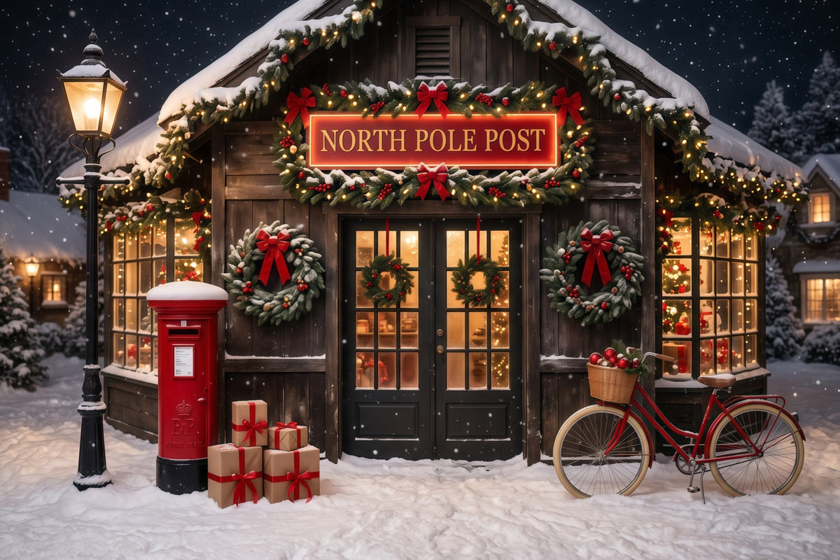 North Pole Photo Backdrop Snowy Post Office Christmas Photography Backdrops UK RR610-63