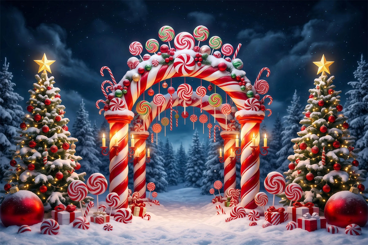 Christmas Candy Cane Backdrop Snowy Forest Candy Archway Christmas Party Backdrop UK RR610-68