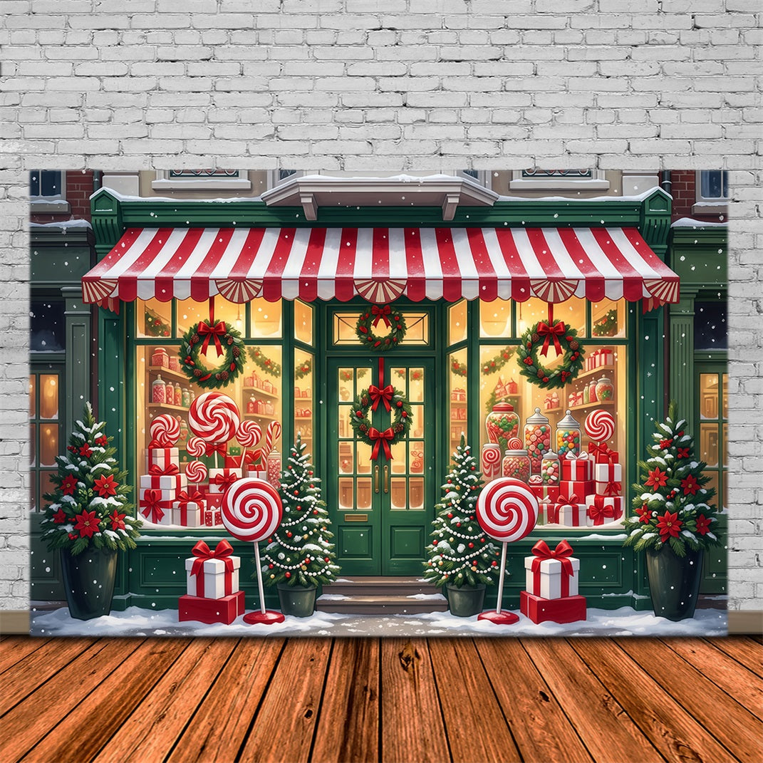 Christmas Candy Cane Backdrop Lollipop Candy Shopfront Merry Christmas Backdrop UK RR610-70
