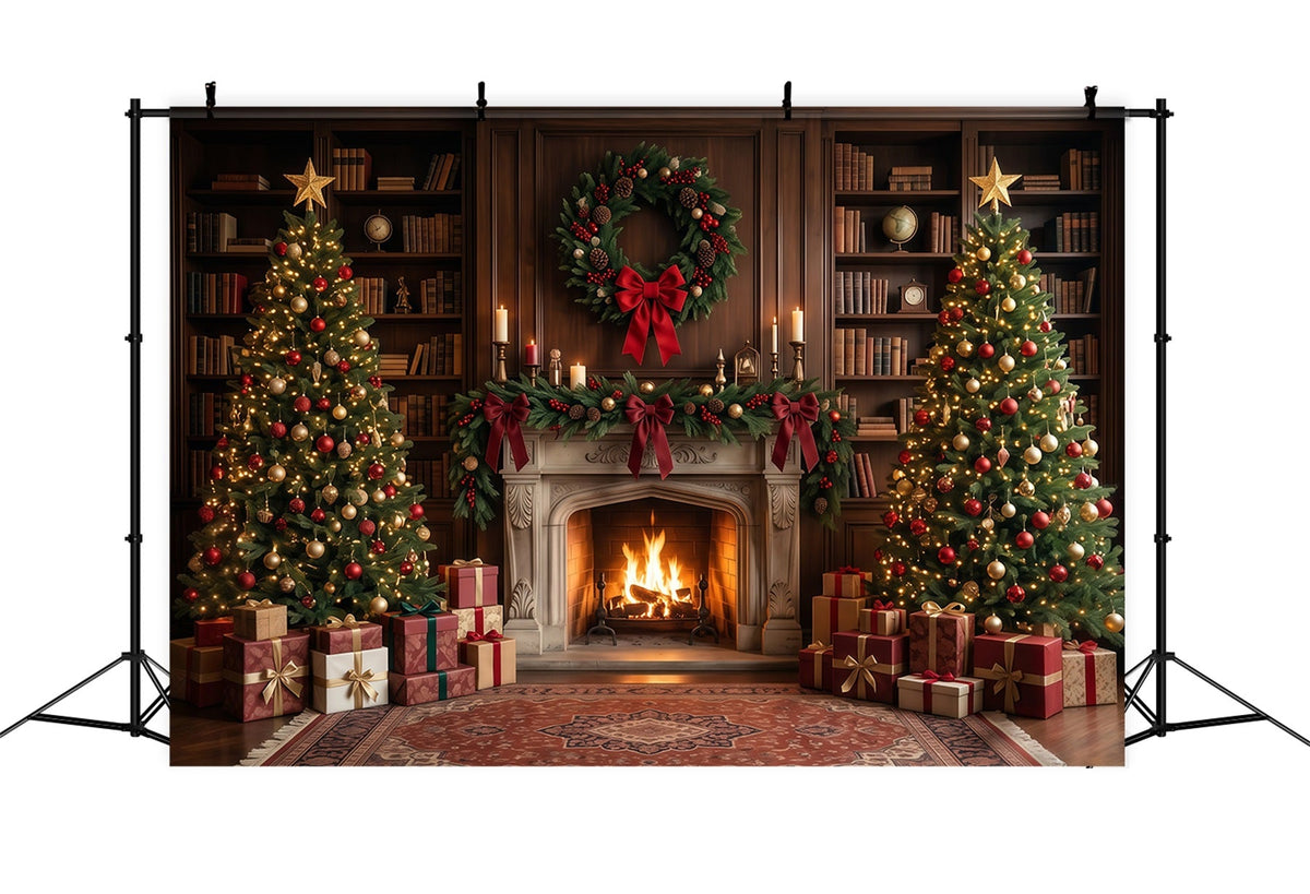 Christmas Backdrops for Photography Elegant Library Display Christmas Fireplace Backdrop UK RR610-71