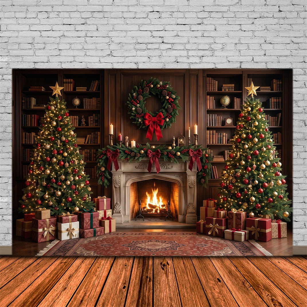 Christmas Backdrops for Photography Elegant Library Display Christmas Fireplace Backdrop UK RR610-71