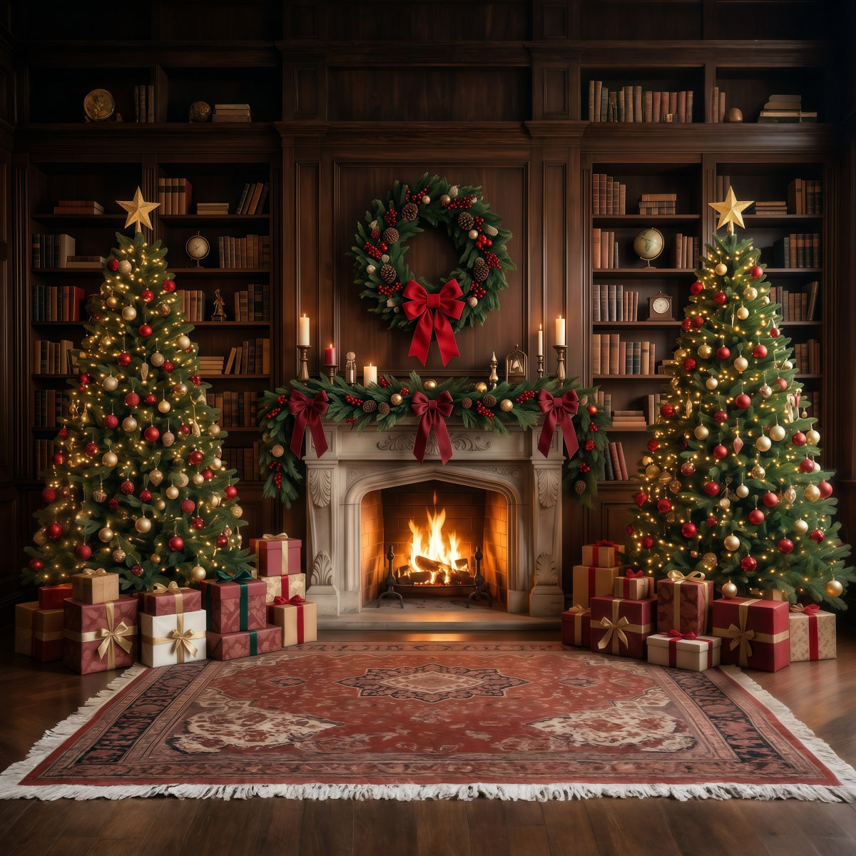 Christmas Backdrops for Photography Elegant Library Display Christmas Fireplace Backdrop UK RR610-71