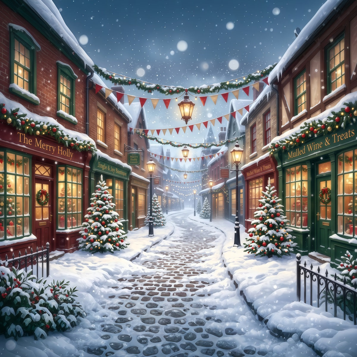 Christmas Village Backdrops Snowy Shopping Street Christmas Street Backdrop UK RR610-73