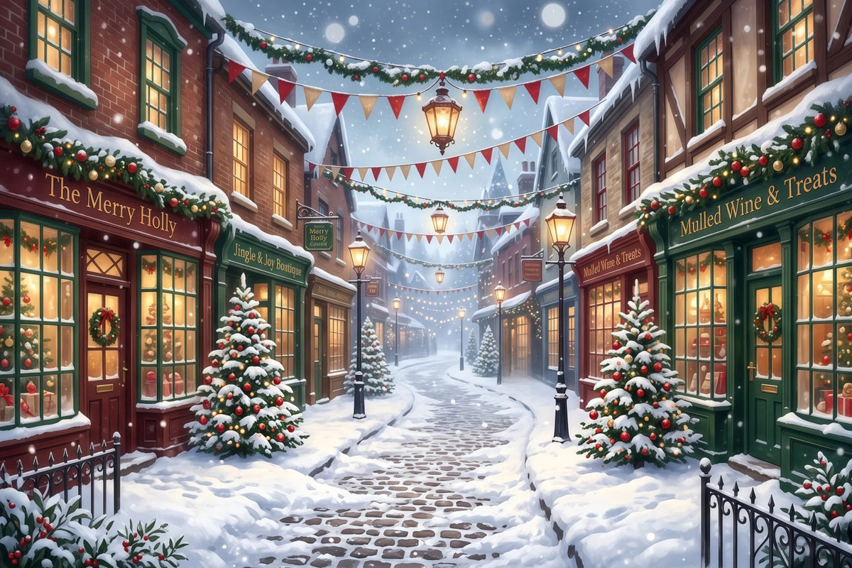 Christmas Village Backdrops Snowy Shopping Street Christmas Street Backdrop UK RR610-73