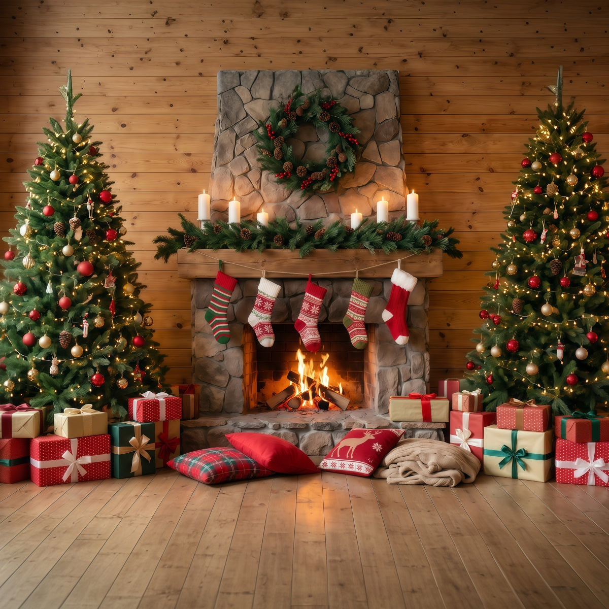 Christmas Fireplace Backdrop Rustic Stone Stockings Christmas Backdrop for Photography UK RR610-74
