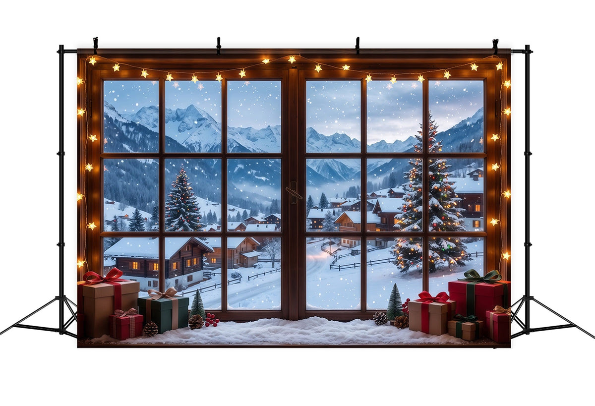 Winter Christmas Backdrop Snowy Alpine Cabin Window Christmas Village Backdrops UK RR610-77