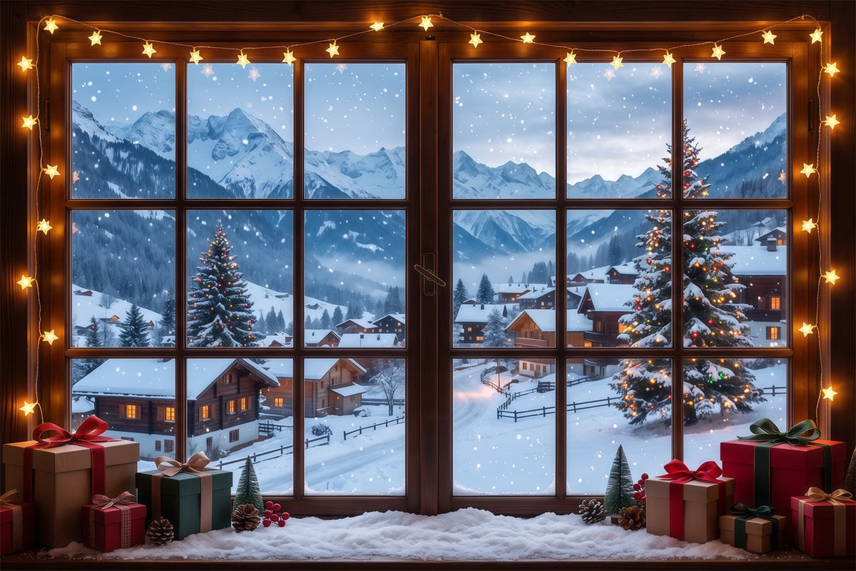 Winter Christmas Backdrop Snowy Alpine Cabin Window Christmas Village Backdrops UK RR610-77