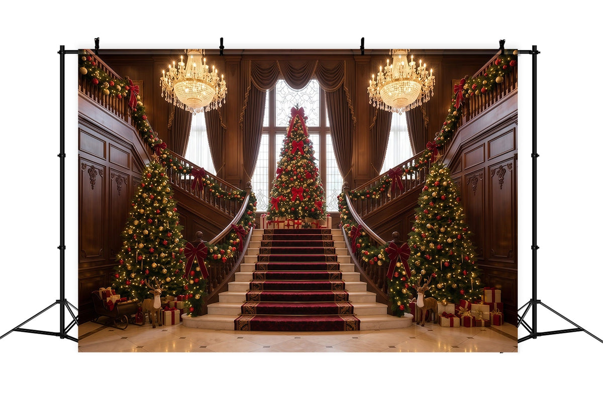 Living Room Christmas Backdrop Grand Staircase Evergreen Display Christmas Wall Backdrop UK RR610-78