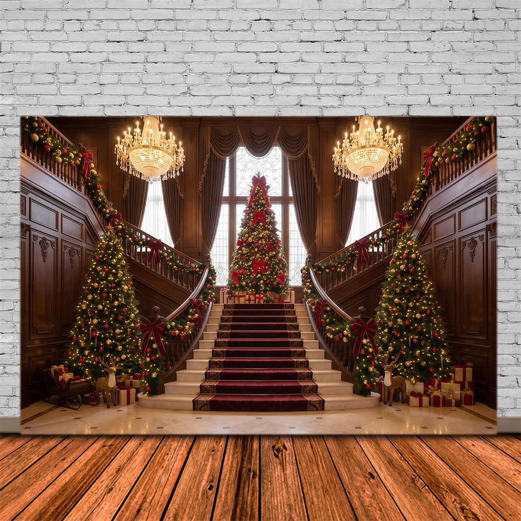 Living Room Christmas Backdrop Grand Staircase Evergreen Display Christmas Wall Backdrop UK RR610-78