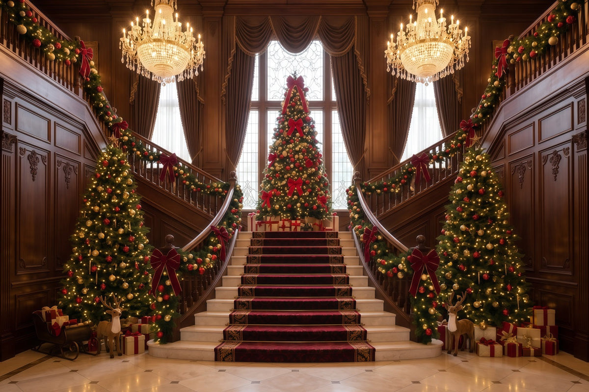 Living Room Christmas Backdrop Grand Staircase Evergreen Display Christmas Wall Backdrop UK RR610-78