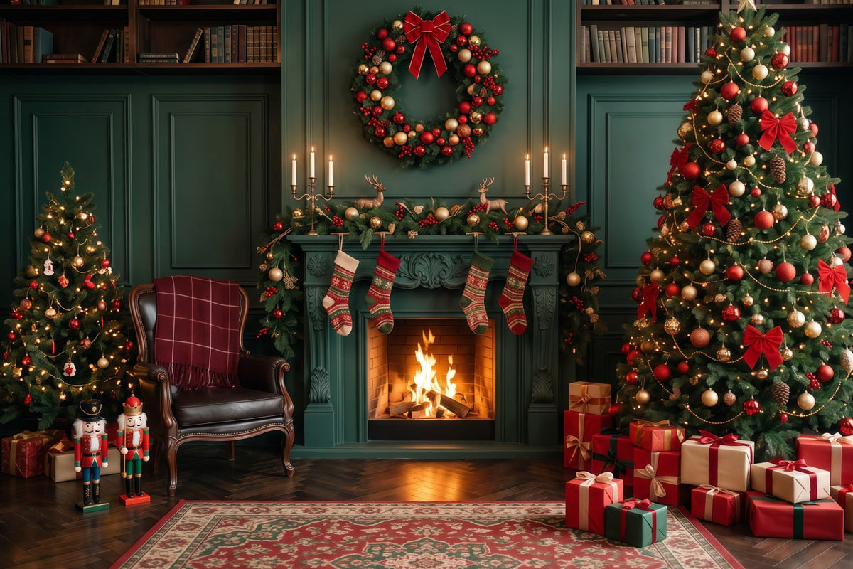 Christmas Fireplace Backdrops Emerald Stocking Display Christmas Scene Backdrop UK RR610-80