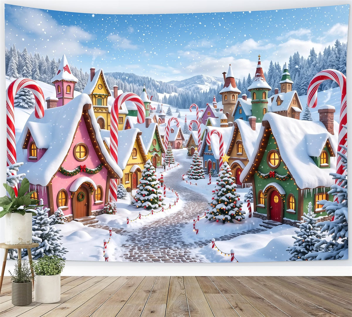 Christmas Village Backdrops Snowy Candy Cane Cottage Christmas Photo Backdrop UK RR610-81