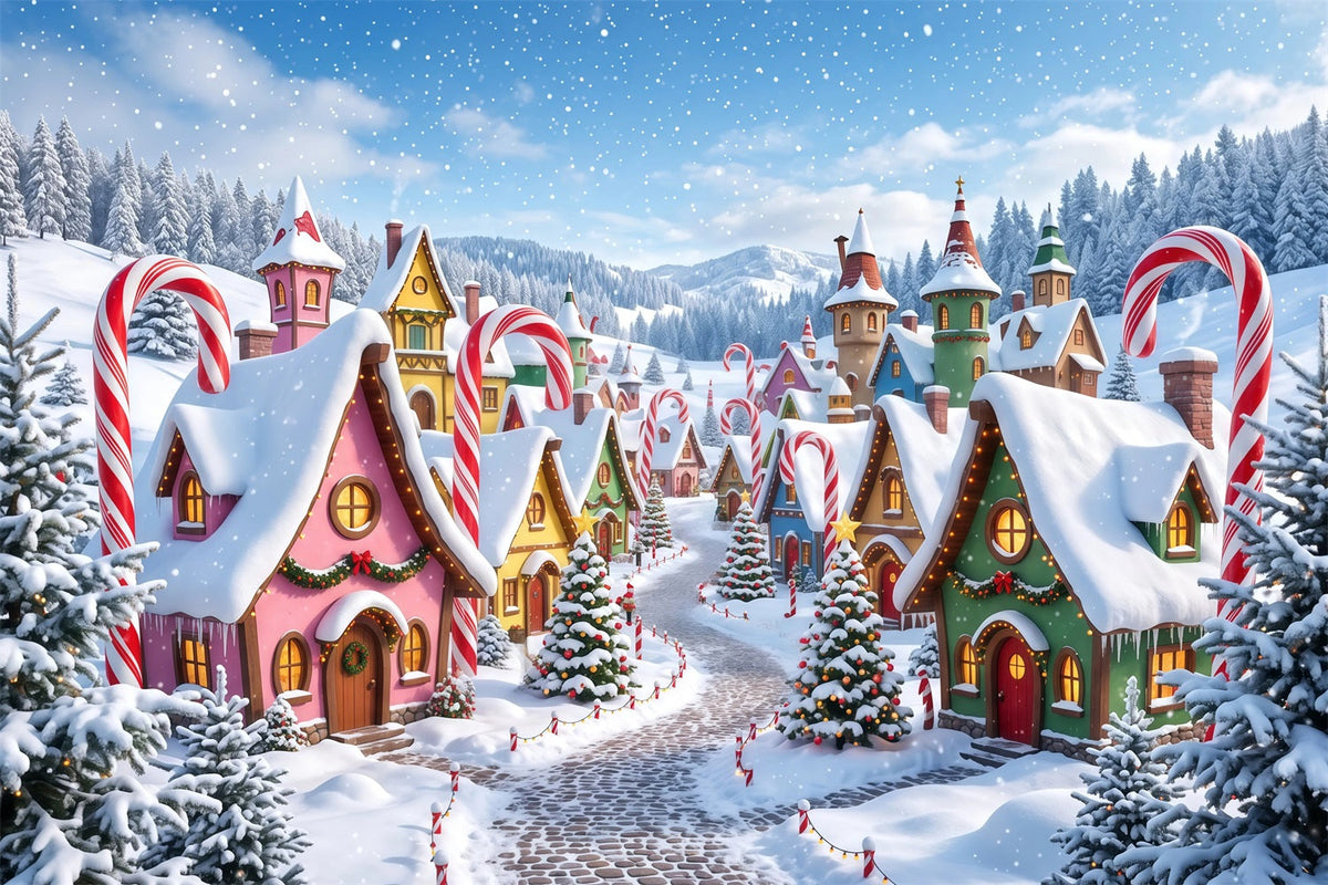 Christmas Village Backdrops Snowy Candy Cane Cottage Christmas Photo Backdrop UK RR610-81