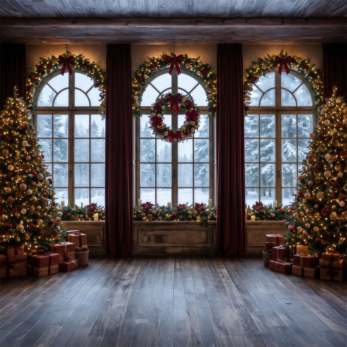 Christmas Backdrops Frosted Window Wreath Display Christmas Backdrop for Photos UK RR610-85