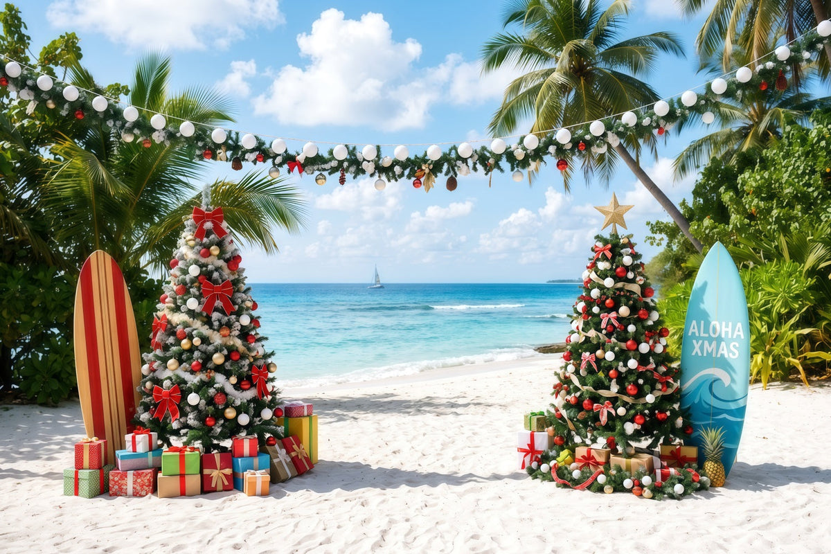 Tropical Christmas Backdrop Sea Beach Surfboard Display Christmas Backdrops for Photos UK RR610-87