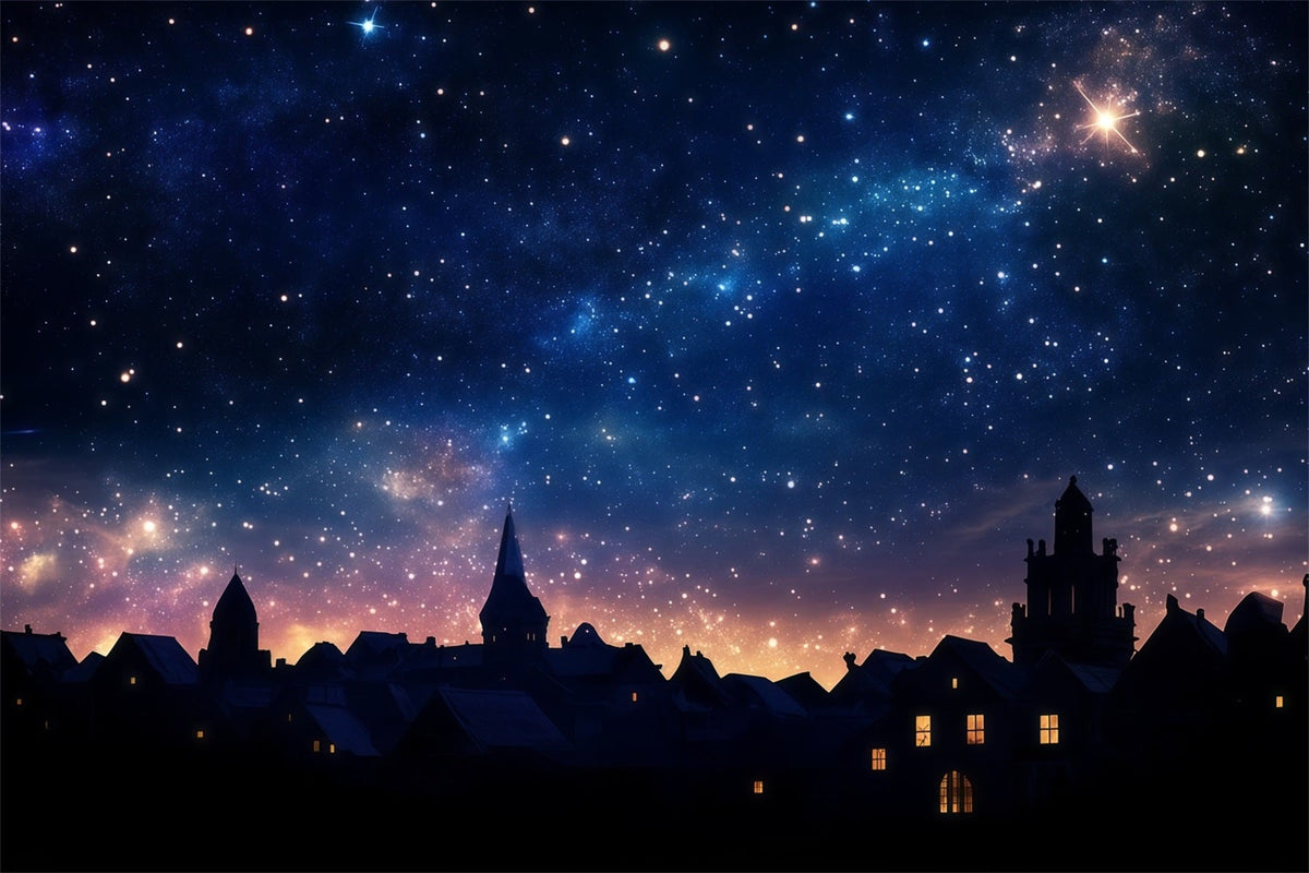 Nativity Scene Backdrop Starlit Village Silhouette Sky Christmas Photo Backdrop Ideas UK RR610-88