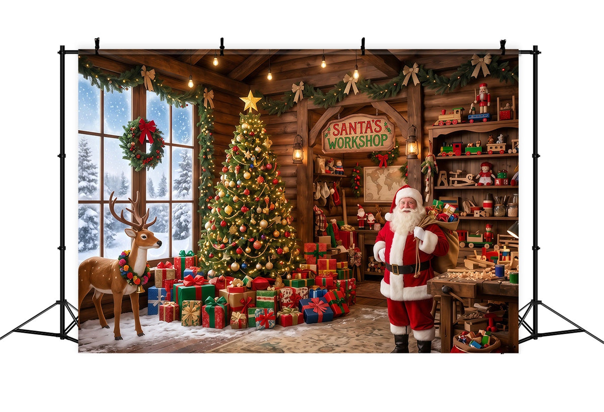 Santa Workshop Backdrop Rustic Toy Room Interior Christmas Backdrops for Photography UK RR610-89