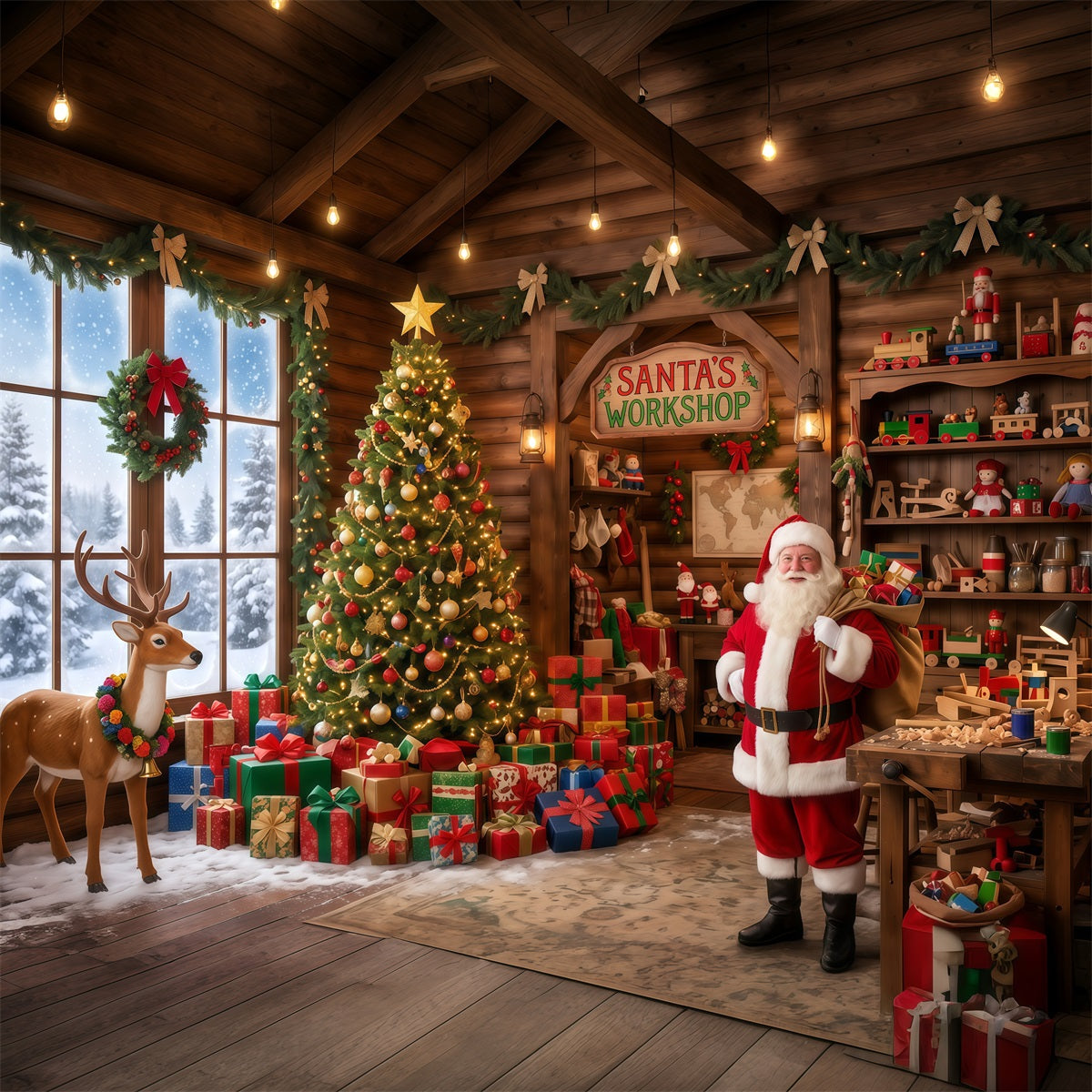Santa Workshop Backdrop Rustic Toy Room Interior Christmas Backdrops for Photography UK RR610-89