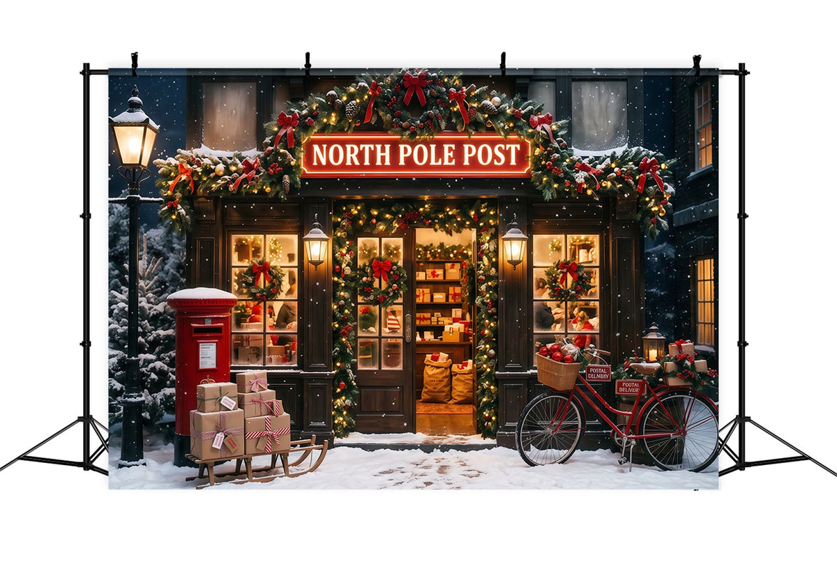 North Pole Photo Backdrop Snowy Post Office Christmas Photography Backdrops UK RR610-93