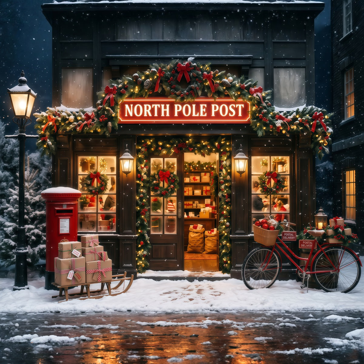 North Pole Photo Backdrop Snowy Post Office Christmas Photography Backdrops UK RR610-93