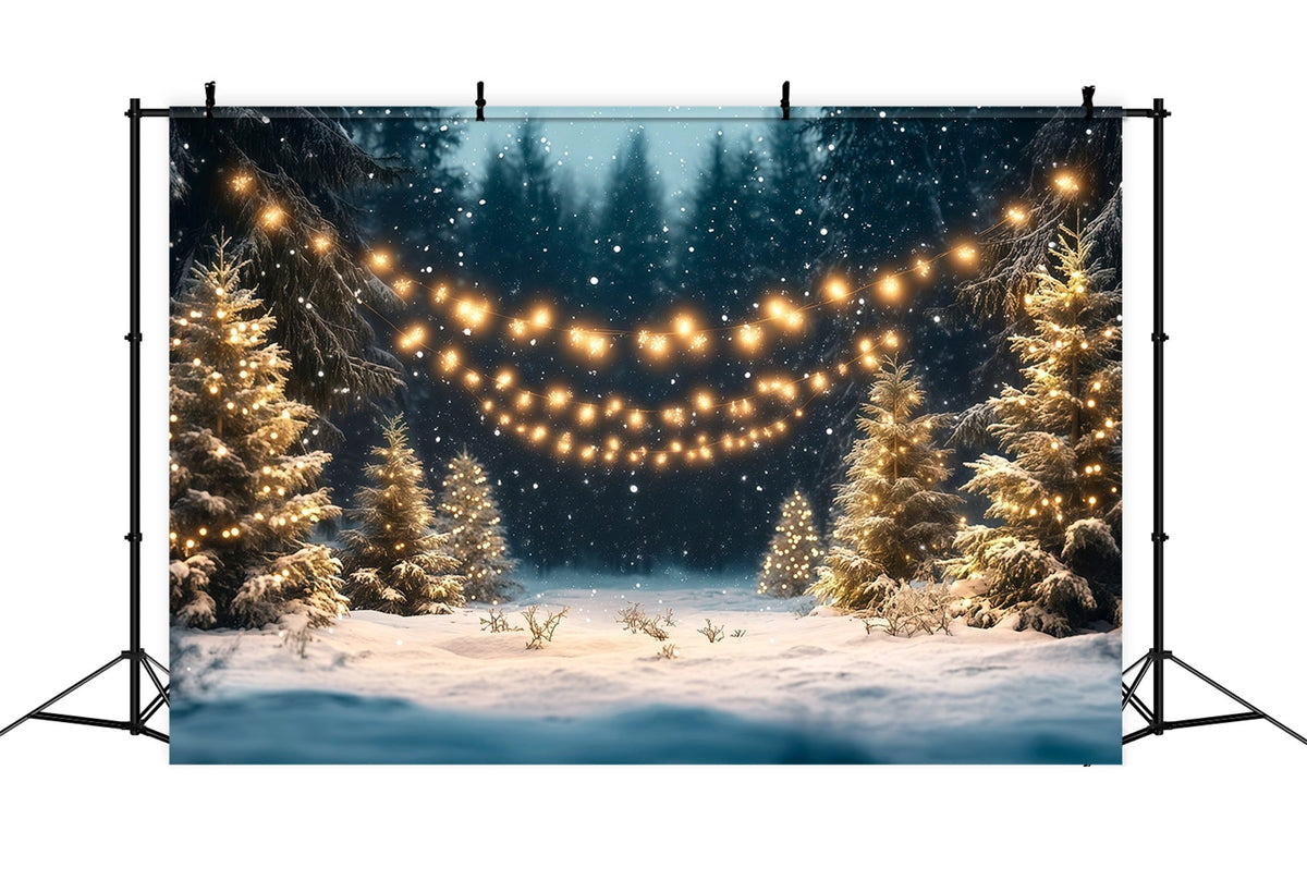 Christmas Tree Farm Backdrop Snowy Forest Golden Lights Christmas Tree Backdrops UK RR610-96