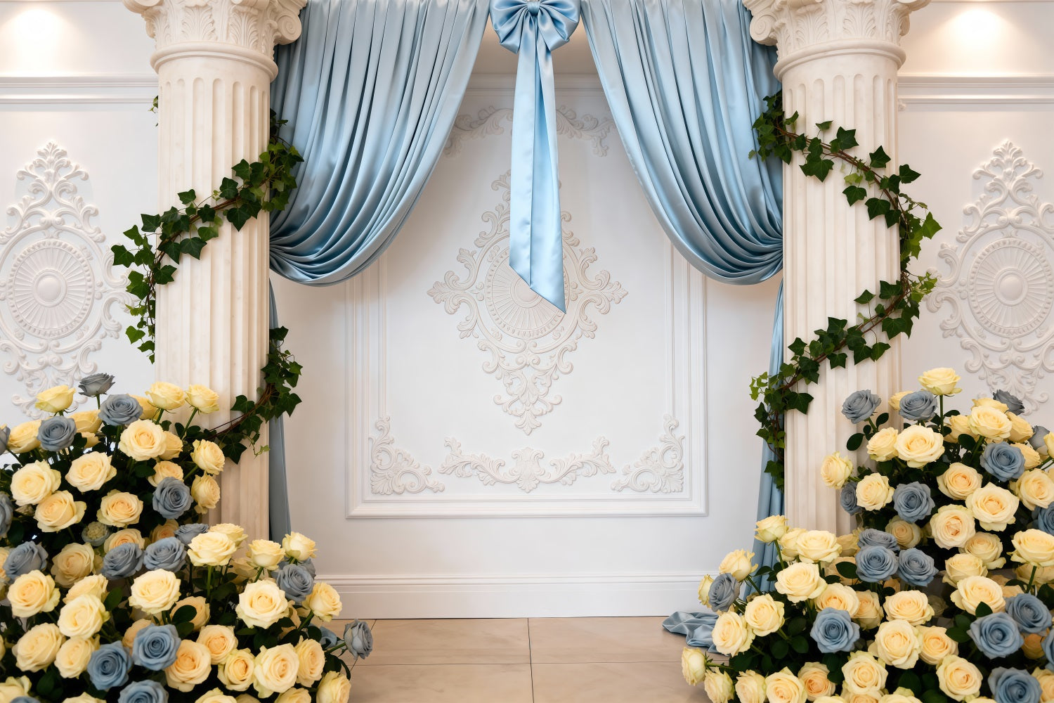 Spring Wedding Backdrop Blue Draped Rose Column Elegance Floral Backdrop UK RR62-10