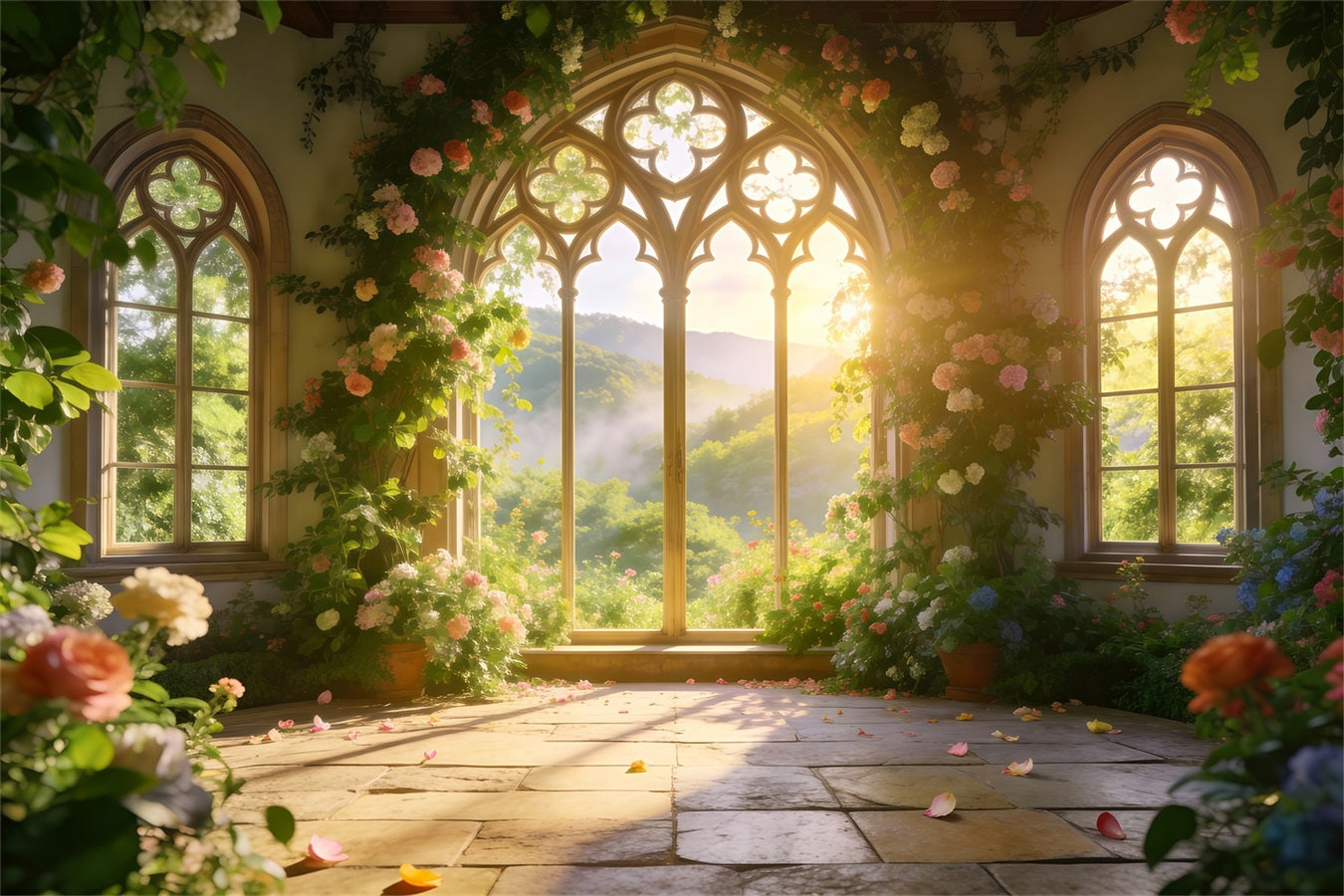 Spring Garden Backdrop Golden Valley Arch Window Floral Picture Backdrop UK RR62-19