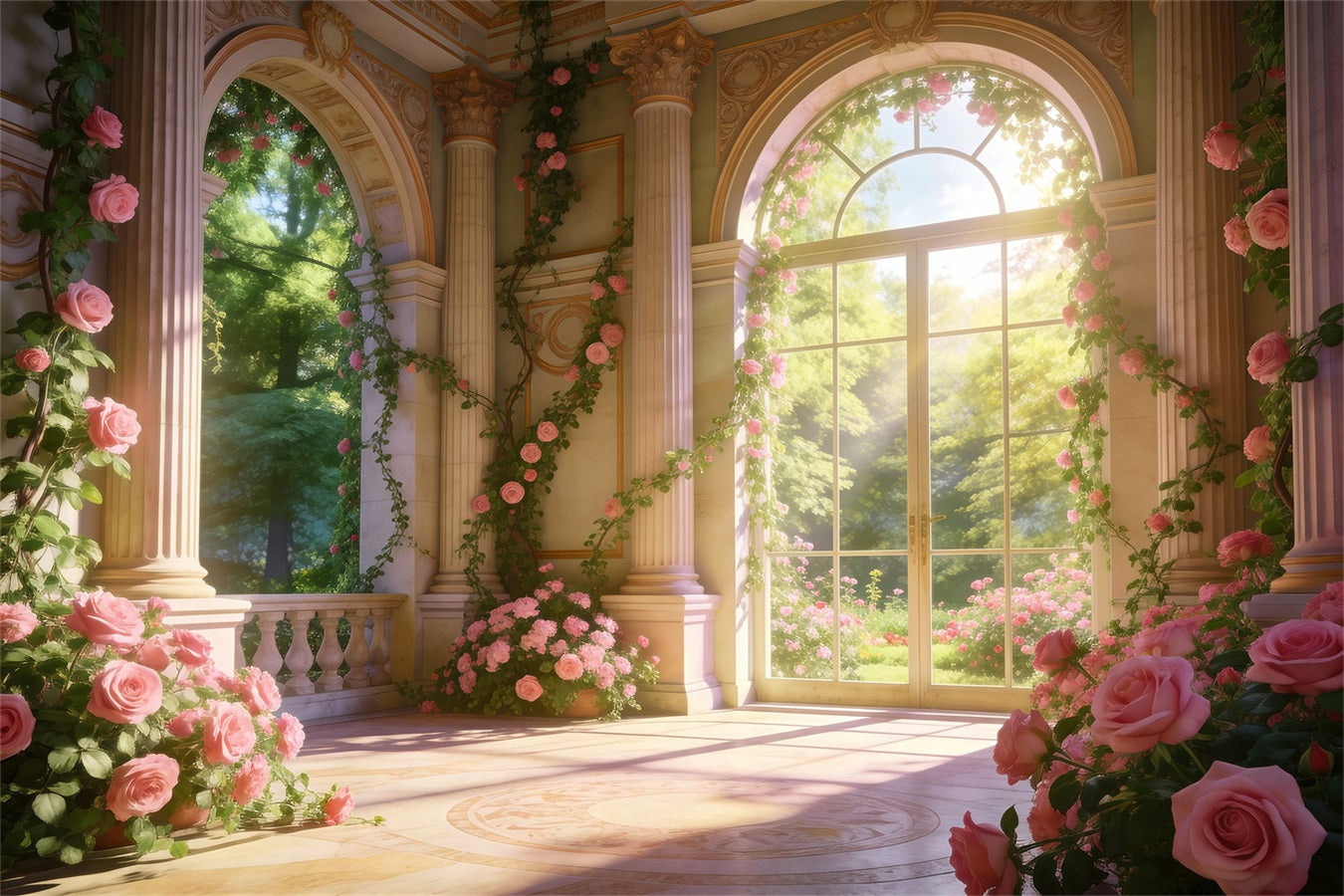 Rose Garden Backdrop Elegant Palace Flower Sunlight Spring Photo Backdrop UK RR62-20
