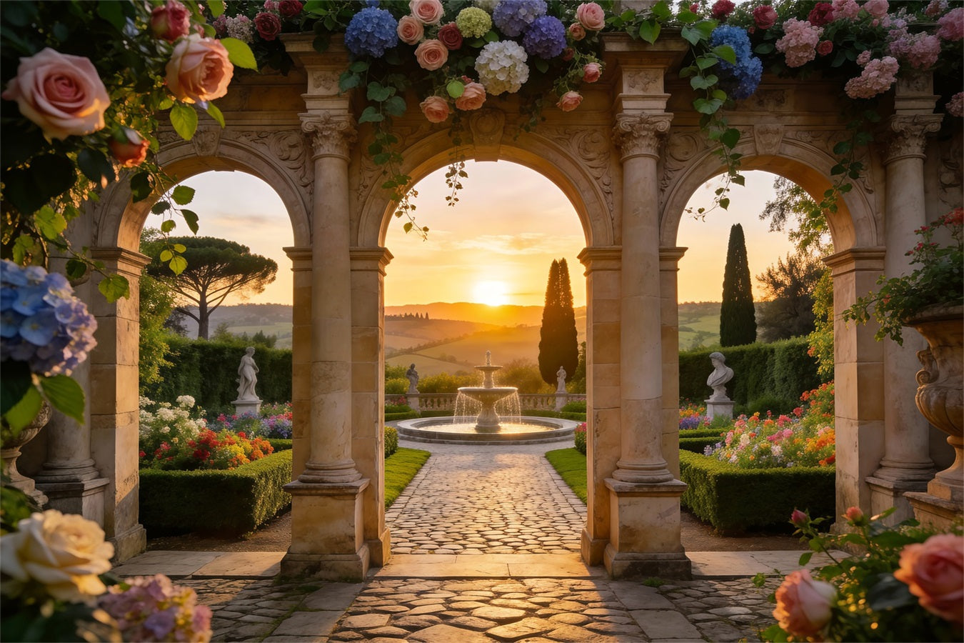 Enchanted Garden Backdrop Sunset Window Stone Archway Spring Picture Backdrop UK RR62-21