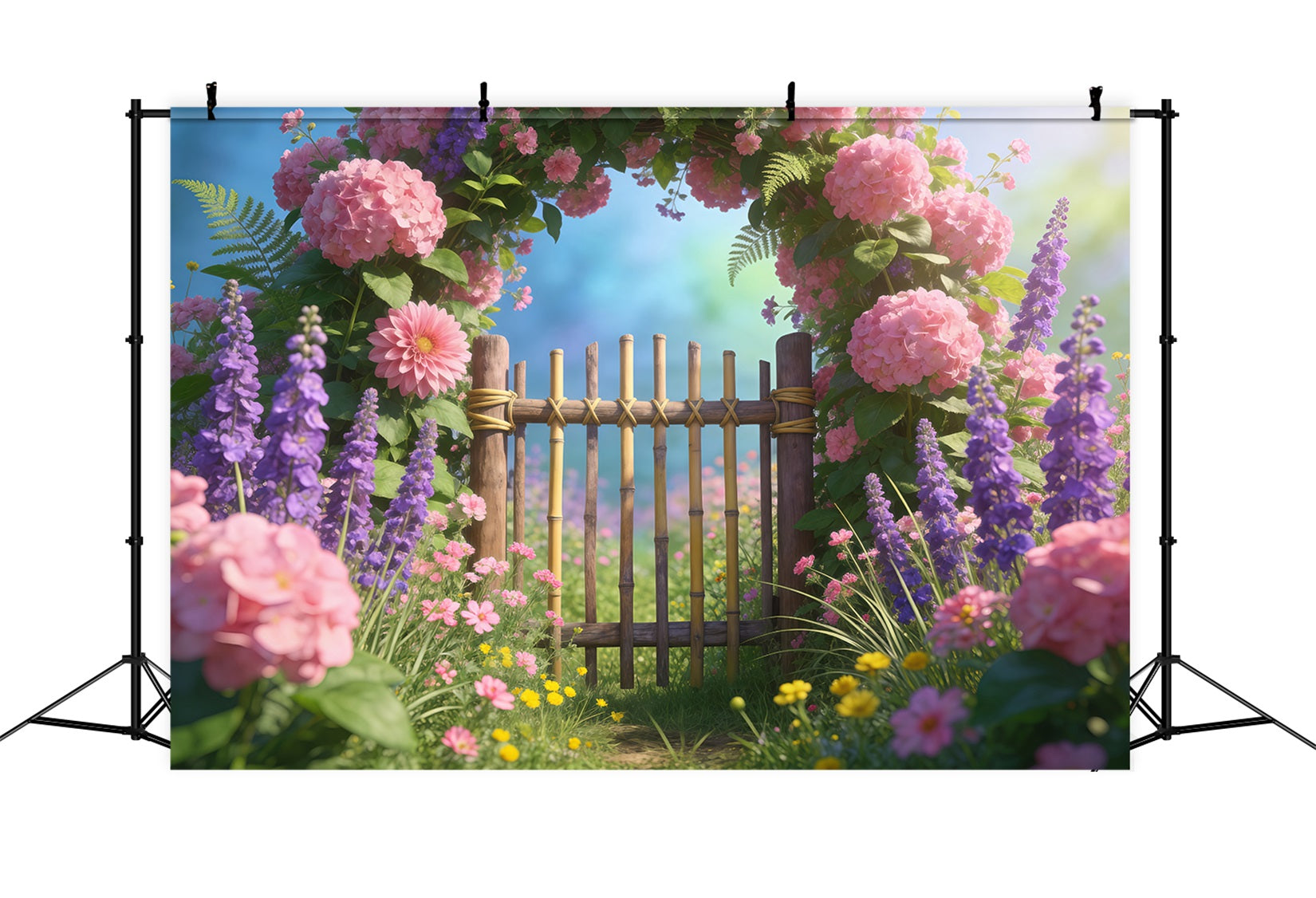 Wildflower Garland Backdrop Pastel Meadow Bamboo Gate Springtime Backdrop UK RR62-23