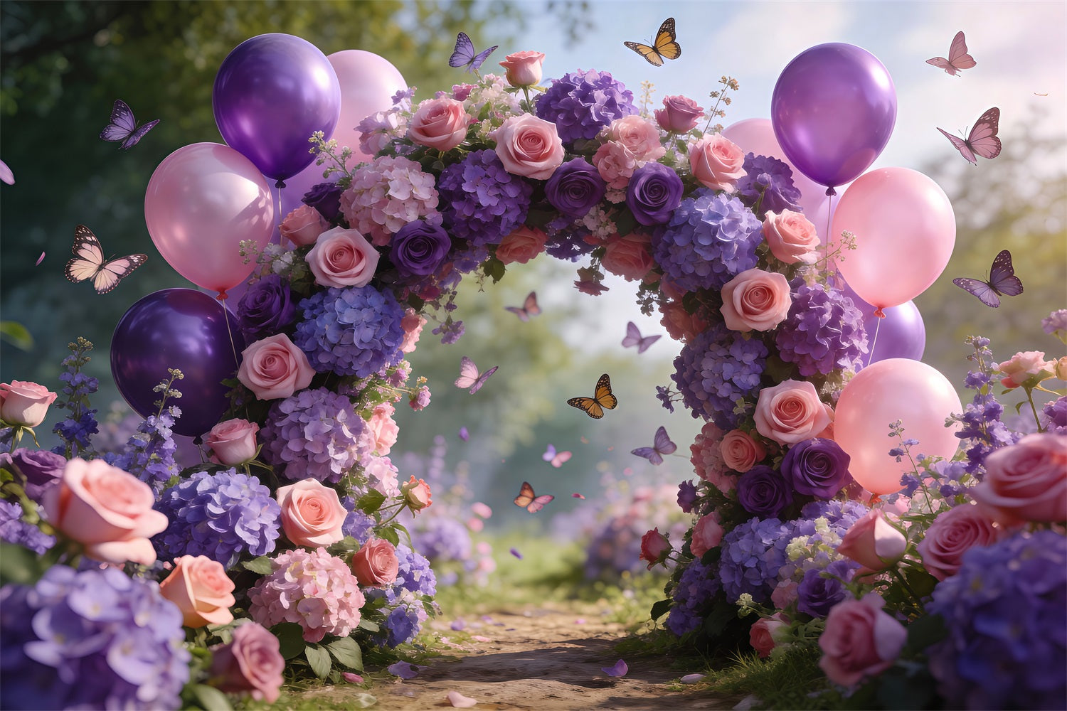 Spring Balloon Backdrop Blush Pink Purple Flower Arch Floral Garland Backdrop UK RR62-24
