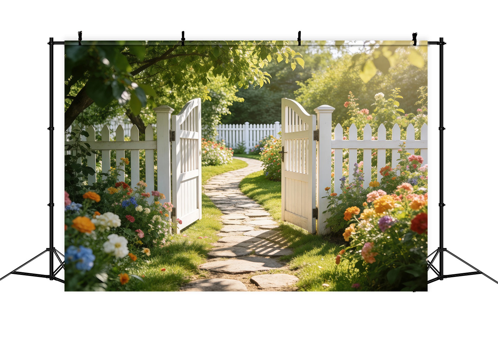 Enchanted Garden Photo Backdrop White Fence Meadow Pathway Spring Backdrops UK RR62-27