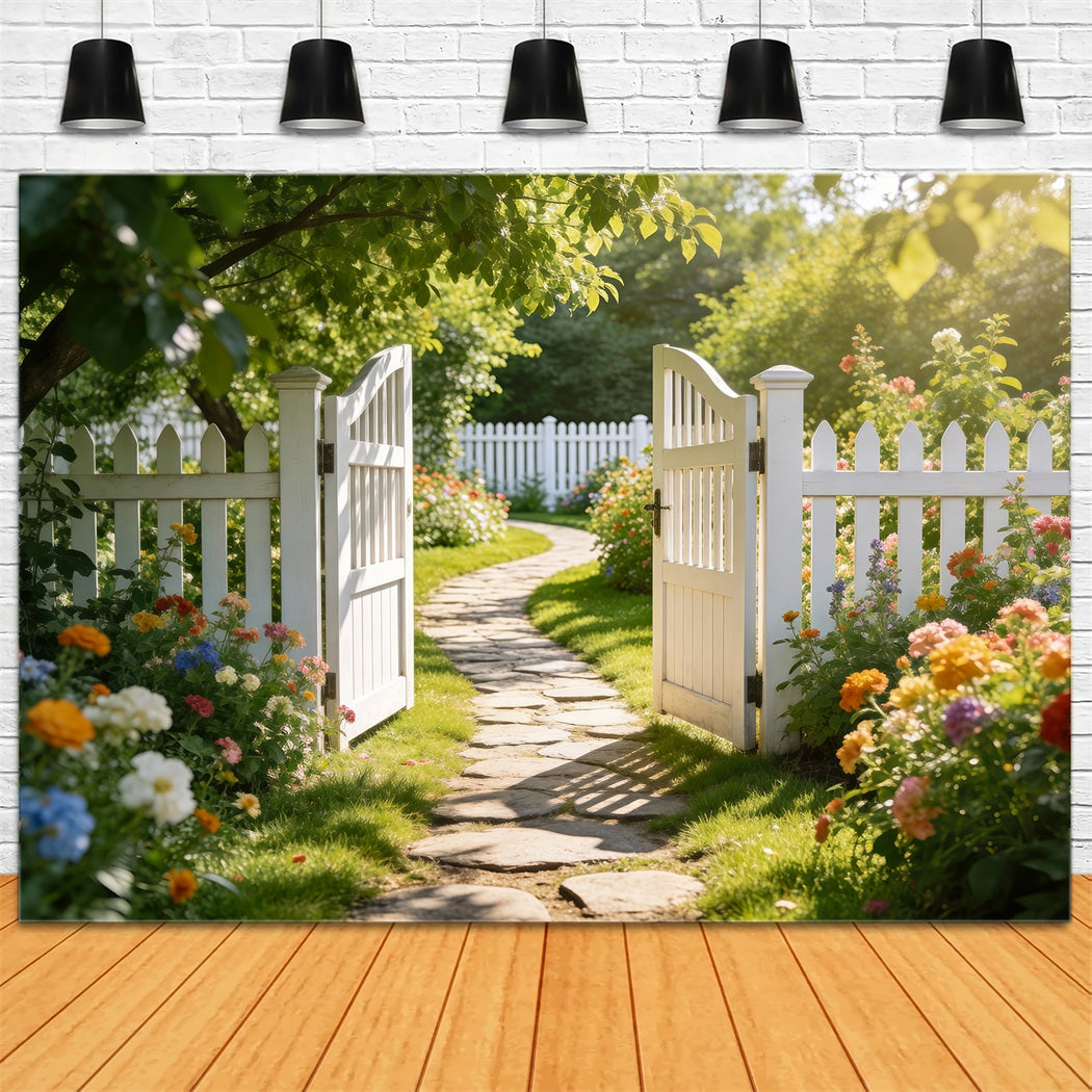 Enchanted Garden Photo Backdrop White Fence Meadow Pathway Spring Backdrops UK RR62-27