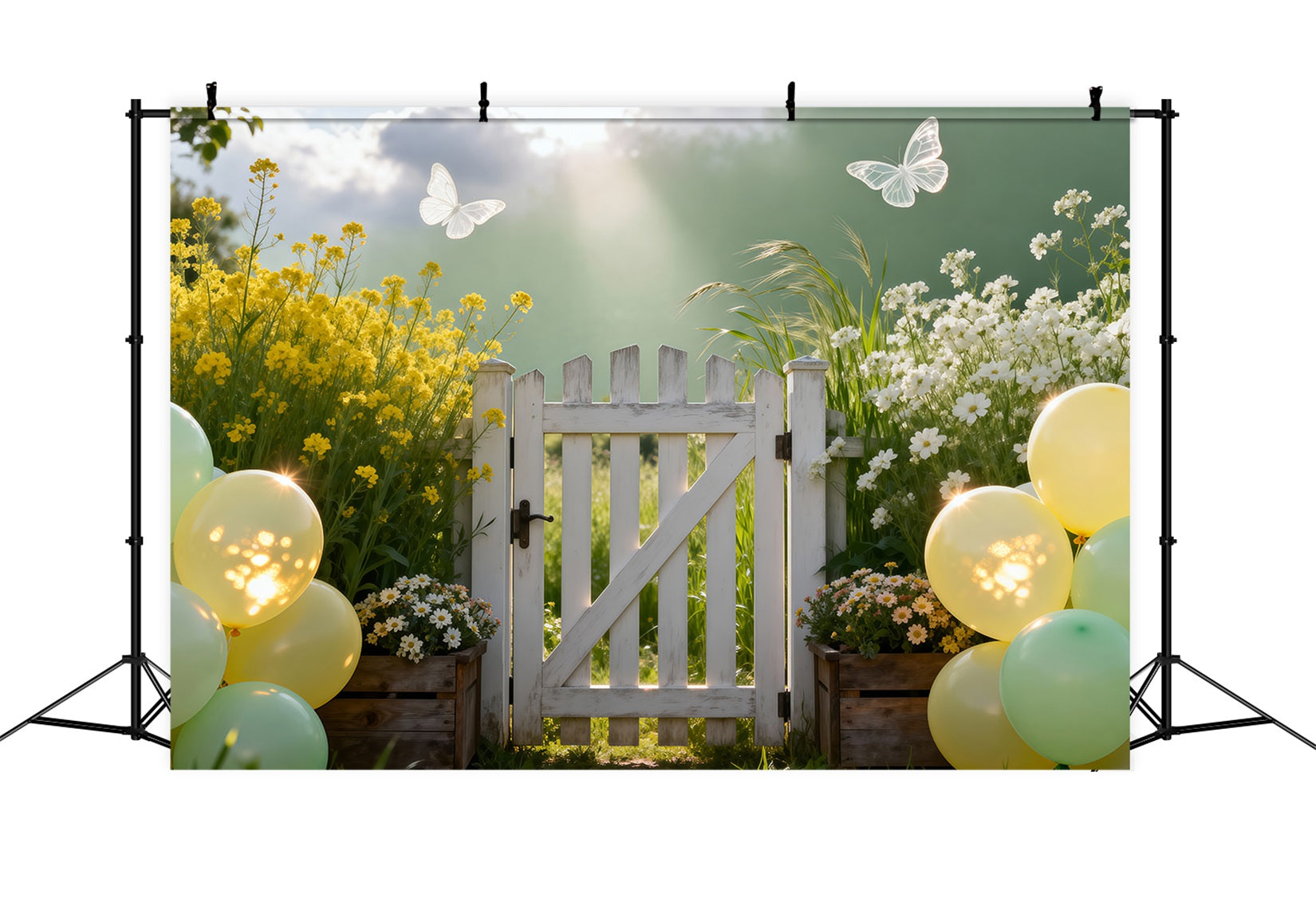 Spring Balloon Backdrop Pastel Meadow Gate Sunlight Floral Garden Backdrop UK RR62-28