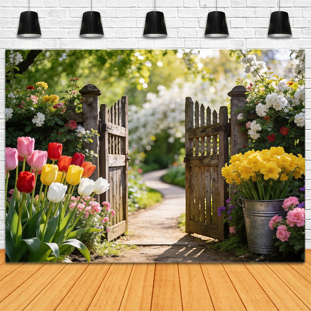 Daffodil Backdrop Tulip Garden Wooden Gate Spring Photoshoot Backdrop UK RR62-29