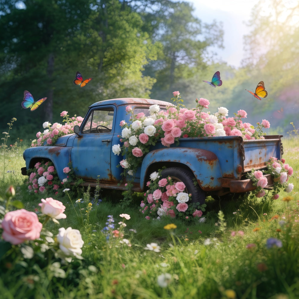 Wildflower Photo Backdrop Vintage Blue Truck Rose Meadow Spring Theme Backdrop UK RR62-31
