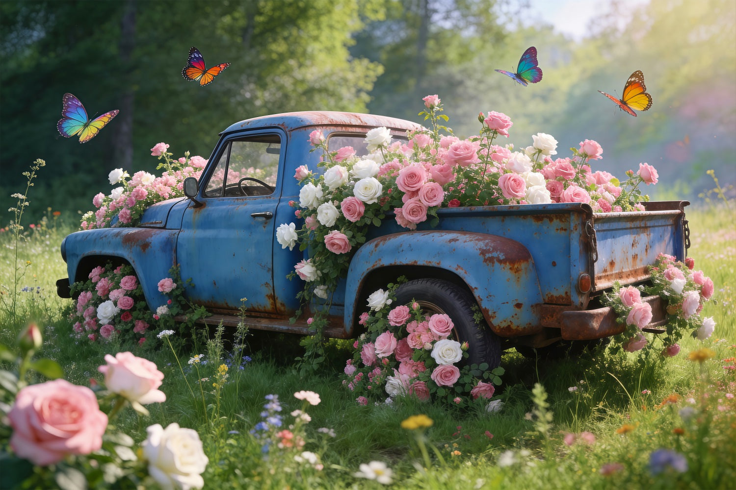 Wildflower Photo Backdrop Vintage Blue Truck Rose Meadow Spring Theme Backdrop UK RR62-31