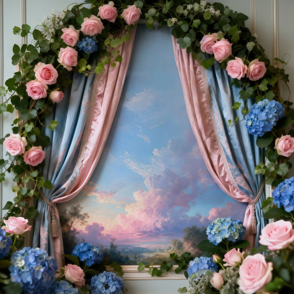 Spring Flower Backdrop Romantic Floral Window Sky View Floral Picture Backdrop UK RR62-42