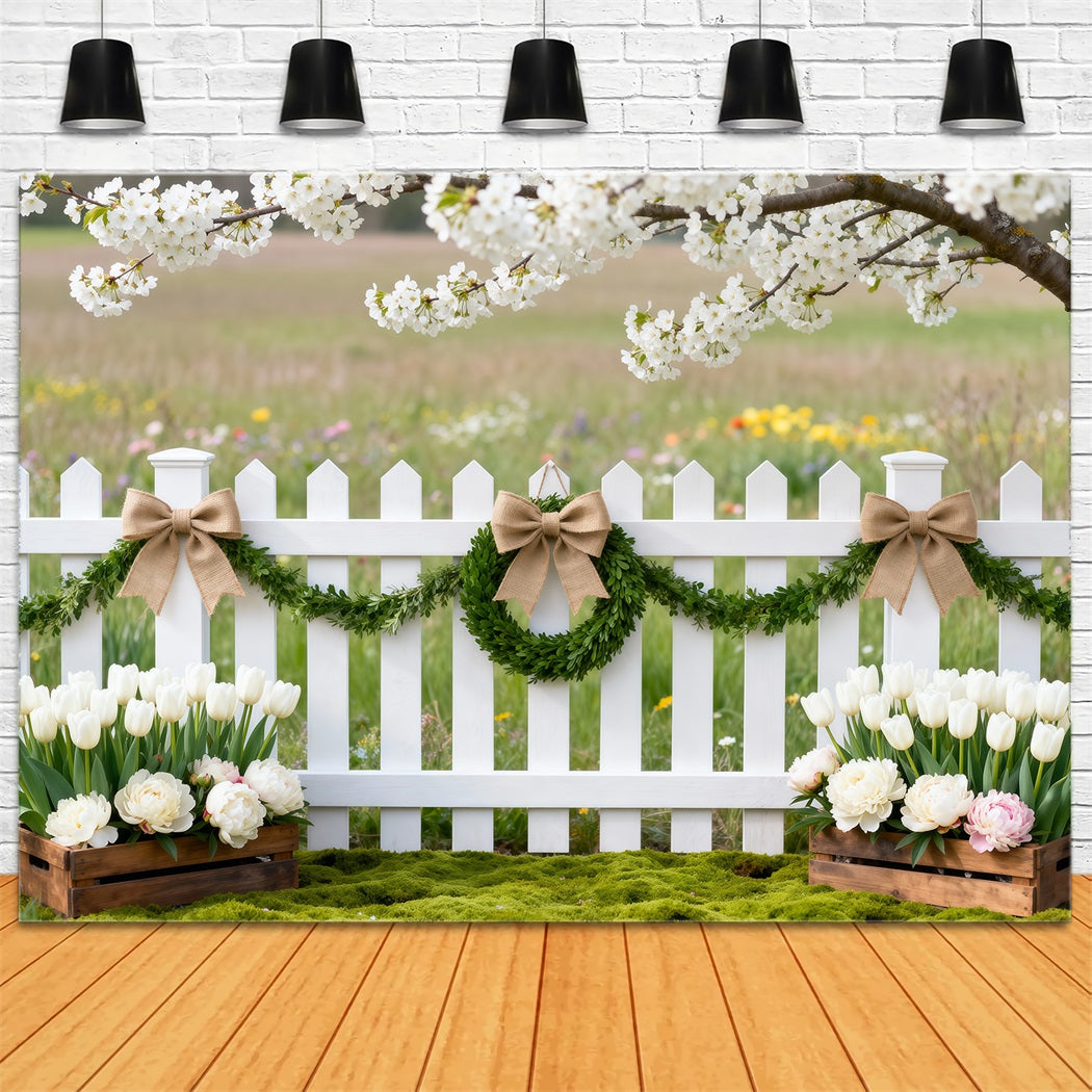 Cherry Blossoms Backdrop Wildflower Meadow Fence Tulip Spring Photo Backdrop Ideas UK RR62-47
