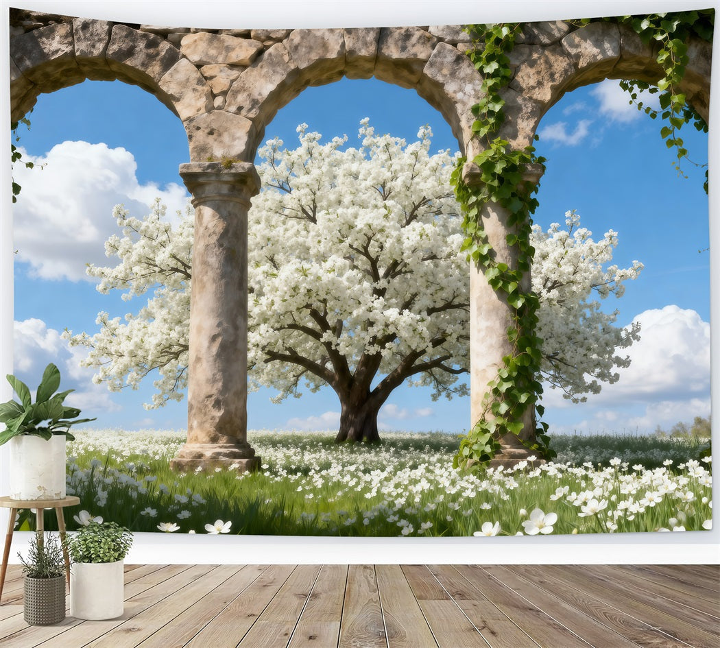 Cherry Blossom Tree Backdrop Stone Triple Arches Cloud Spring Theme Backdrop UK RR62-49