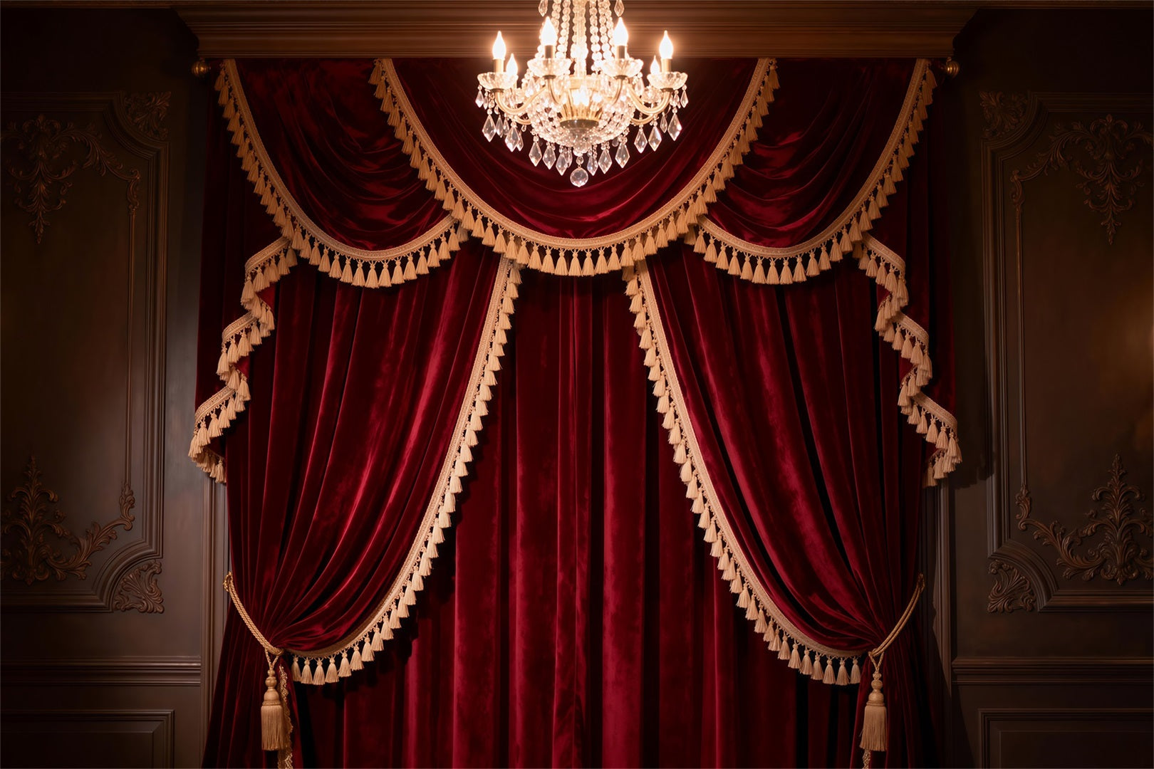 Boudoir Photography Backdrops Grand Burgundy Tassel Curtain Chandelier Vintage Backdrop UK RR62-77