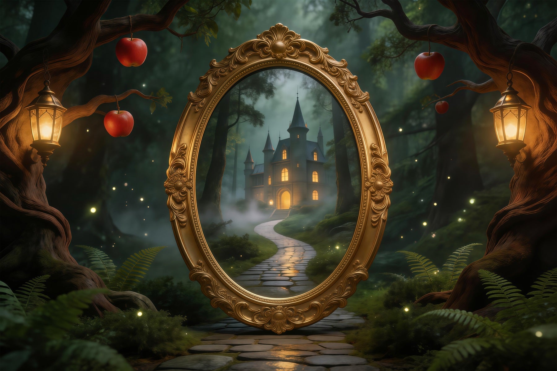 Forest Backdrop Mystic Mirror Castle Path Lantern Apples Forest Themed Backdrop UK RR63-122