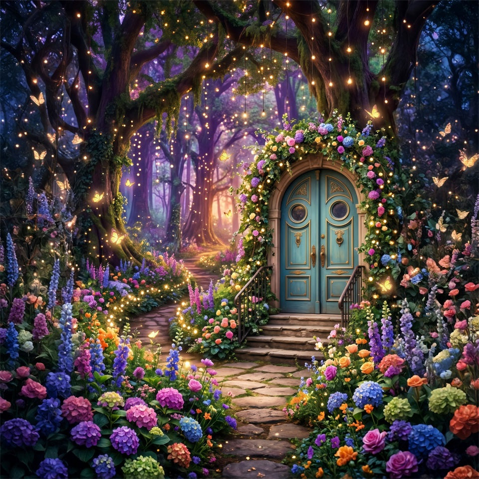 Forest Photo Backdrop Fantasy Floral Door Glowing Butterfly Garden Twilight Forest Backdrop UK RR63-124