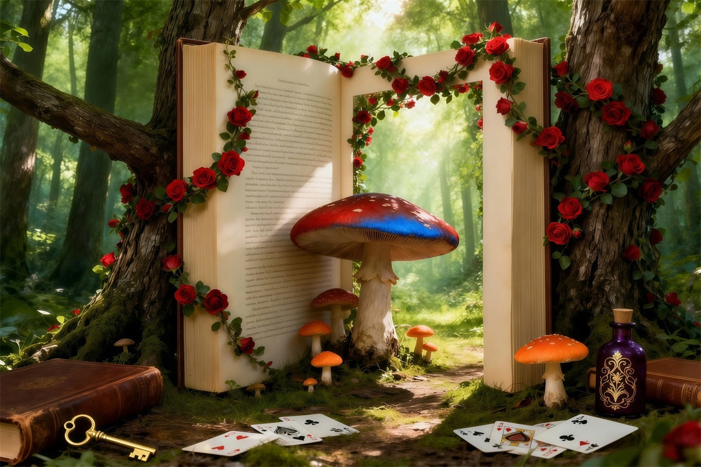 Fairy Tale Forest Backdrop Fantasy Storybook Portal Mushroom Roses Forest Photo Backdrop UK RR63-126