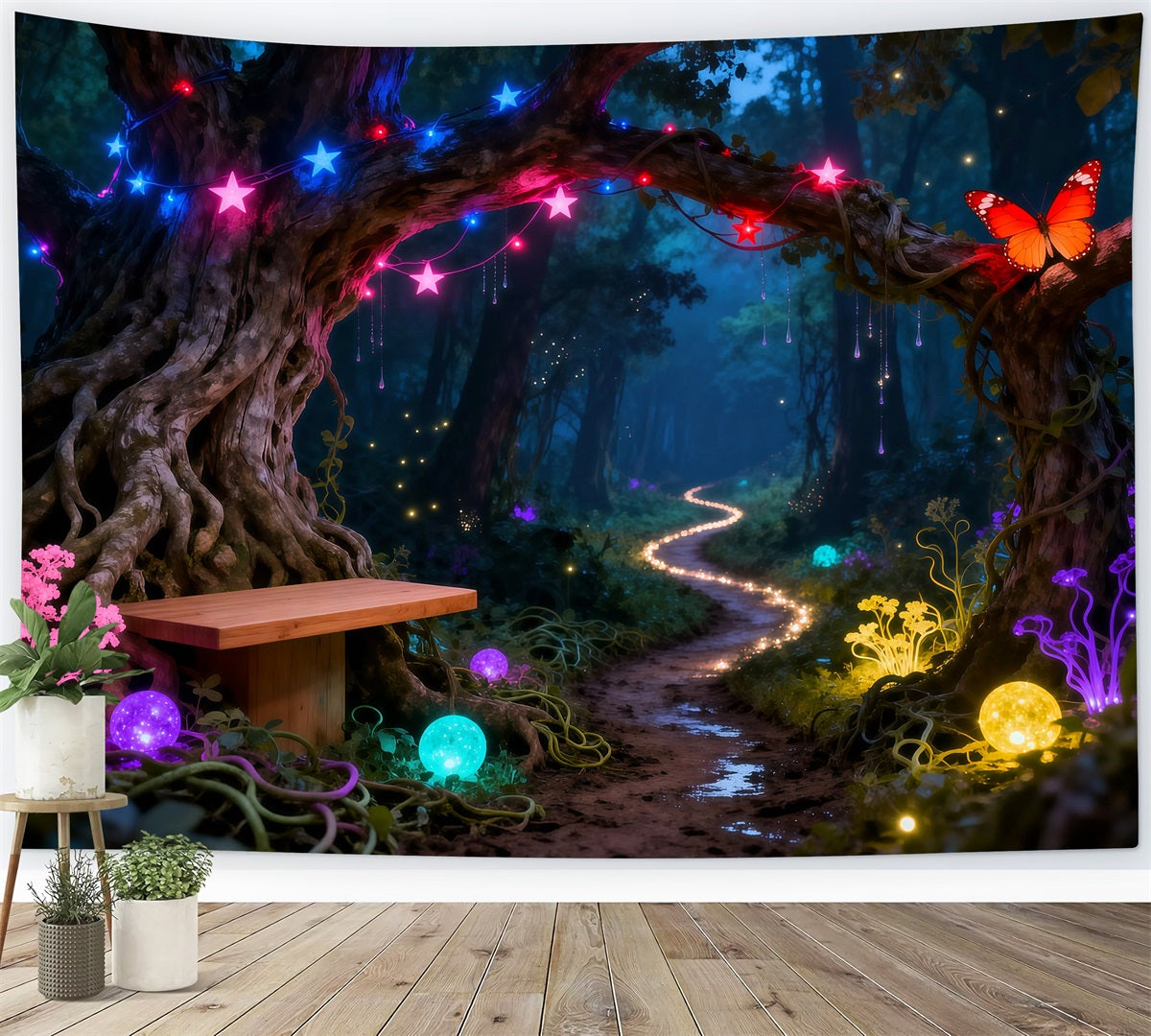 Enchanted Forest Backdrops Neon Fantasy Glowing Path Butterfly Forest Photography Backdrop UK RR63-130